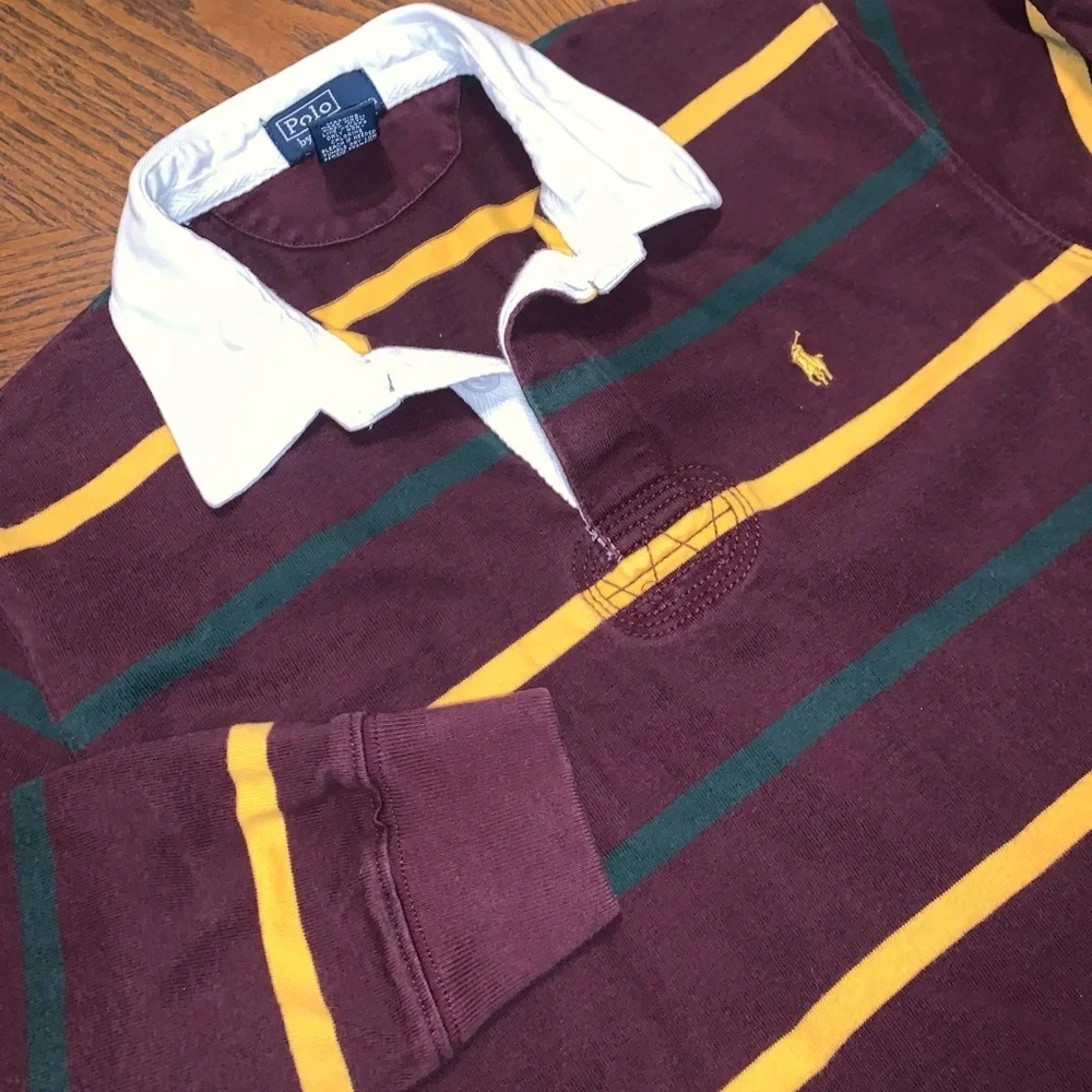 Polo Ralph Lauren Collar Maroon Yellow Striped Collegiate Rugby Polo M (12/14)